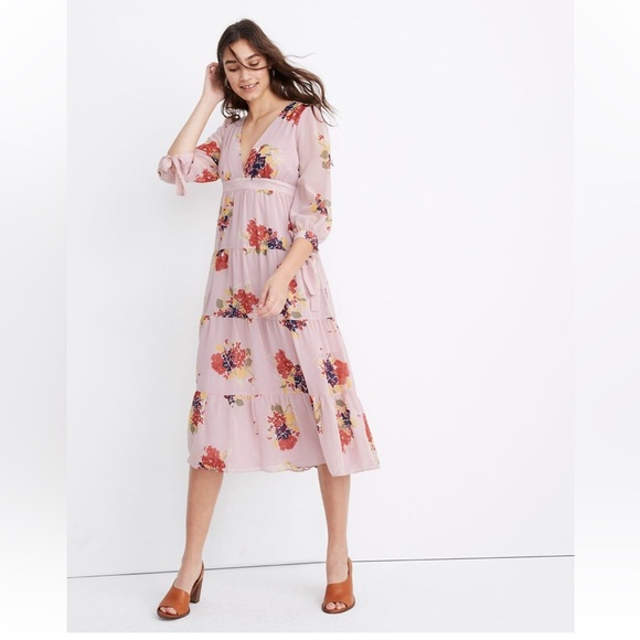 Madewell Dresses & Skirts - Madewell Tie-Sleeve Tiered Midi Dress in Market Bouquet Pink Floral Sheer Dress